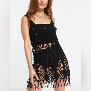 River Island Women’s Crochet Fringed Beach Dress In Black Festival Small Sequins